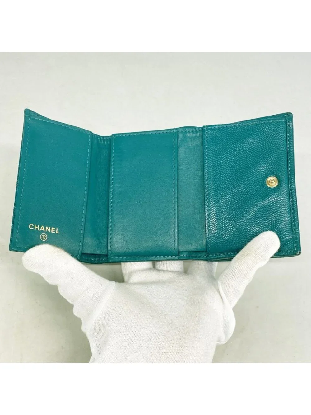 Chanel Trifold Wallet Quilted Caviar Leather Green Champagne Gold